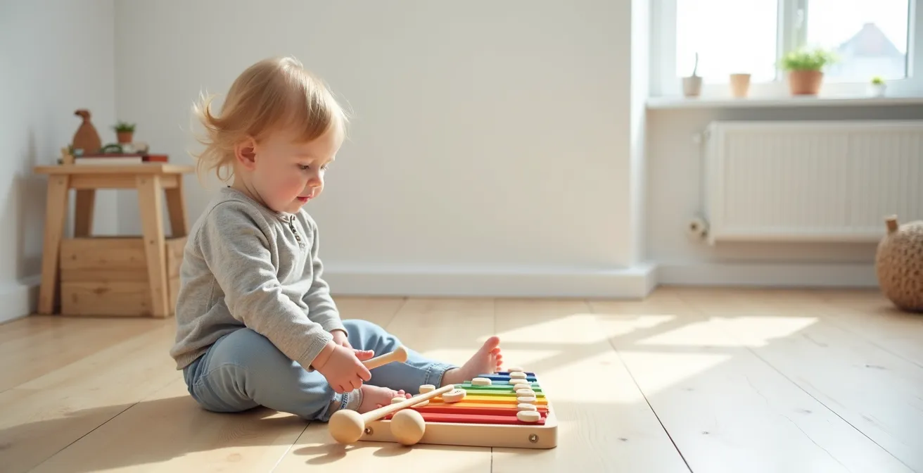 Vue plongeante d'un enfant concentré explorant un xylophone coloré