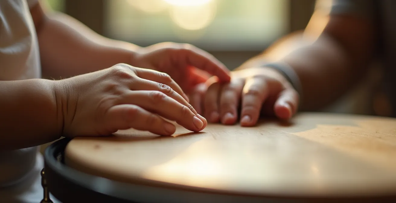 Gros plan sur les mains d'un parent guidant celles d'un bébé sur un tambourin